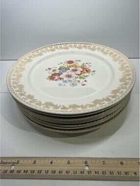 Set of 8 Vintage Floral Dinner Plates Gold Rim 10" Porcelain